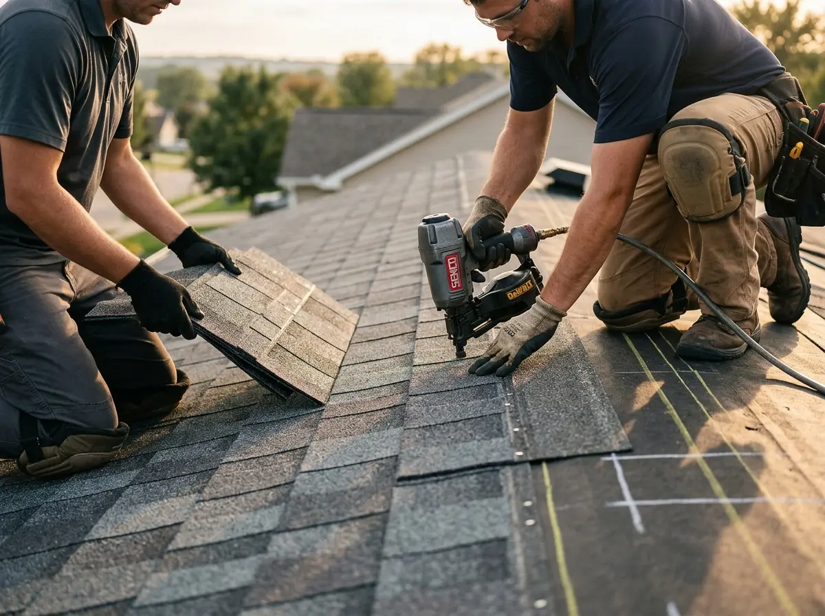 Professional roofer working on a residential roof in West Covina